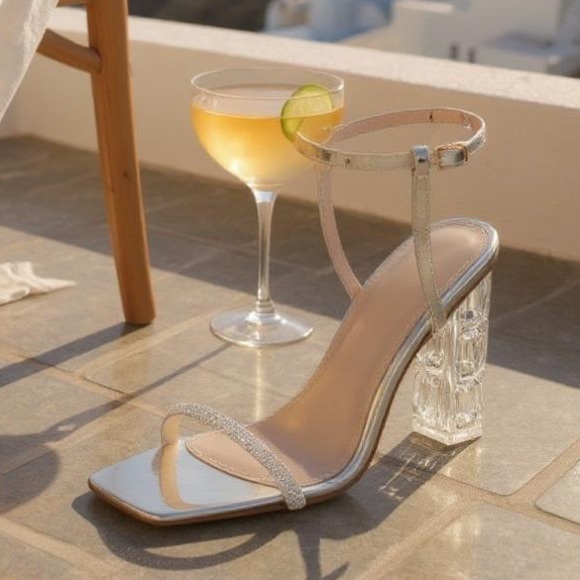 🆕Transparent Crystal High Heels Leather Rhinestone Strappy Open Evening Shoe - Picture 1 of 6